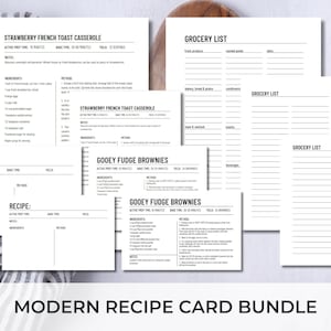 Modern Recipe Card Bundle with Editable Recipe Card Templates, Blank Recipe Card Instant Download, and Organized Grocery List Printable