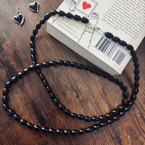 Black Onyx Long Necklace, Sterling Silver Clasp, Handmade Jewelry
