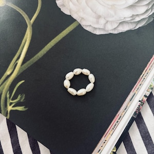 Rice Shape 2-3mm Genuine Natural Freshwater Pearl Ring • Handmade White Beaded Elastic Minimalist Ring
