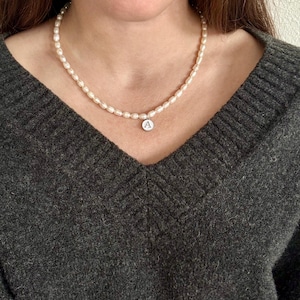 Personalized Freshwater Pearl Necklace, Initial Charm Letter, Sterling Silver