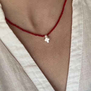 Red Coral Necklace with Baroque Freshwater Cross Pearl Pendant, 925 Silver Clasp, Handmade Jewelry