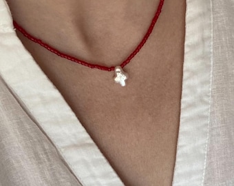 Red Coral Necklace, Baroque Freshwater Pearl Cross Pendant, 925 Silver Clasp, 17 or 22 inches, Handmade Jewelry