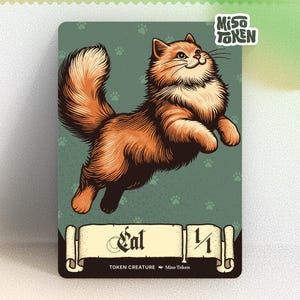 May include: A card featuring a cartoon illustration of a fluffy orange cat leaping. The cat is set against a green background with paw prints. The card has the word "Cat" and "1/1" printed on it.