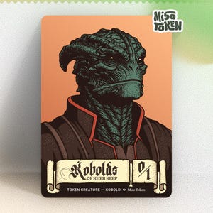 May include: A fantasy art card featuring a green-skinned humanoid with horns, wearing a dark brown and red-trimmed outfit. The card has the text "Kobolds of Kher Keep" and "Token Creature - Kobold - Miso Token" on a scroll banner, with a "0/1" indicator.