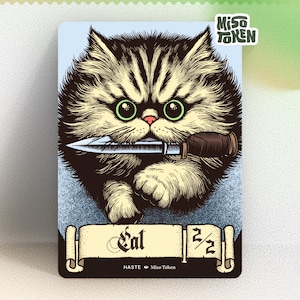 May include: A trading card with a detailed illustration of a cat holding a knife. The cat has green eyes and an angry expression. The card includes the text "Cat" and "2/2". The Miso Token logo is in the upper right corner.