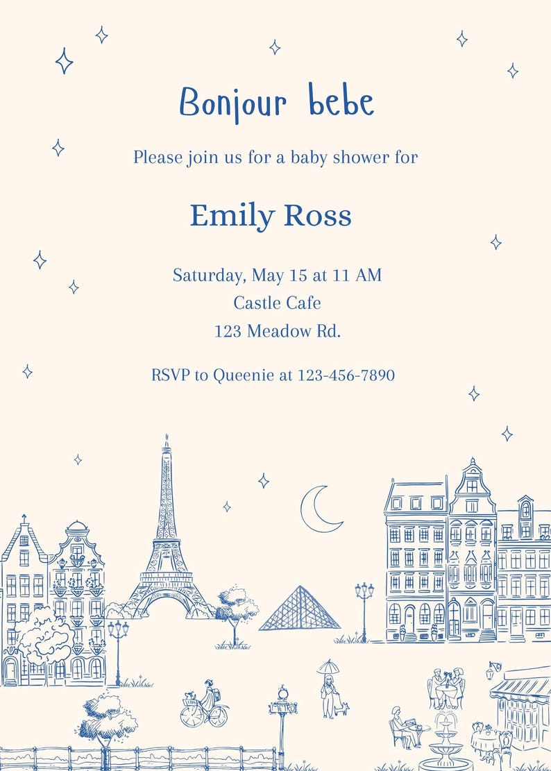 May include: A blue and white baby shower invitation with a Parisian theme. The invitation features a sketch of the Eiffel Tower, the Louvre, and other Parisian landmarks. The text on the invitation reads "Bonjour bebe" and includes the details for the baby shower, including the date, time, location, and RSVP information.