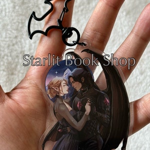 Officially Licensed Nesta x Cassian (Nessian)  3 inch double sided acrylic keychain with black bat attachment - ACOTAR by Sarah J. Maas
