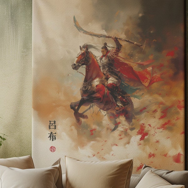 Tapestry of Lu Bu | Han Dynasty Legend | Romance of the Three Kingdoms Wall Art Wall Hanging Home Decor | Riding Red Hare Runner steed