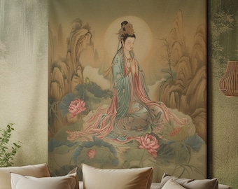 Wandteppich von Guan Yin, Göttin der Barmherzigkeit | Buddhistische Wandkunst, Wandbehang und Wohndekor | Bodhisattva verehrt im Konfuzianismus und Taoismus