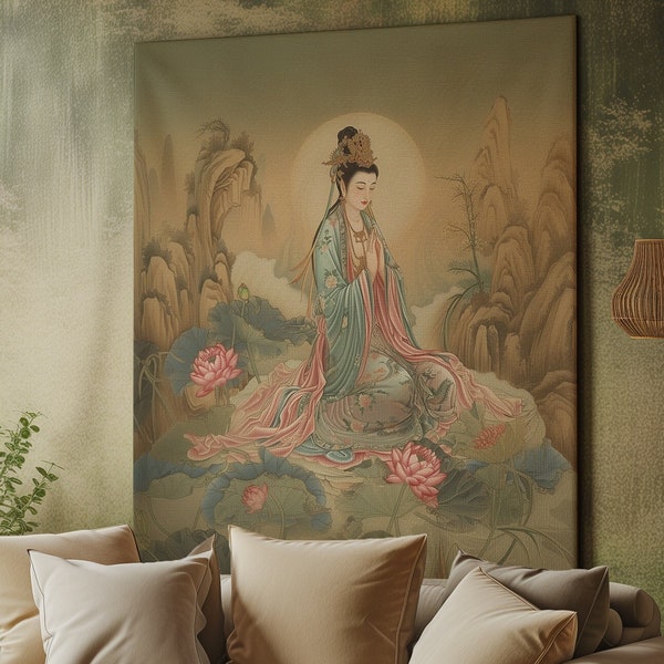 Tapestry of Guan Yin, Goddess of Mercy | Buddhist Wall Art Wall Hanging and Home Decor | Bodhisattva worshipped in Confucianism and Taoism