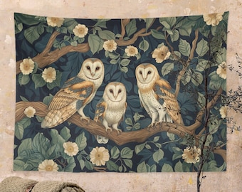 Tapestry of Three Owls | William Morris style Wall Art and Home Decor | Green Lush Forest, Trees Bird with Flowers