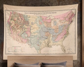 Tapestry of the Map of USA 1882 | Gray's Geological Map of the United States by Prof. Charles H. Hitchcock | Wall Art Hanging and Home Decor
