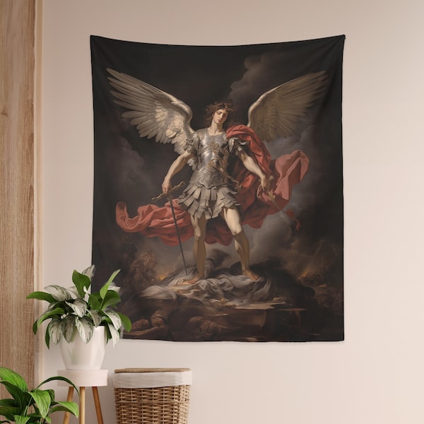 Tapestry of Archangel St.Michael | Renaissance Baroque style Inspired by Guido Reni Italian Wall Art Hanging Home Decor | Medieval Painting