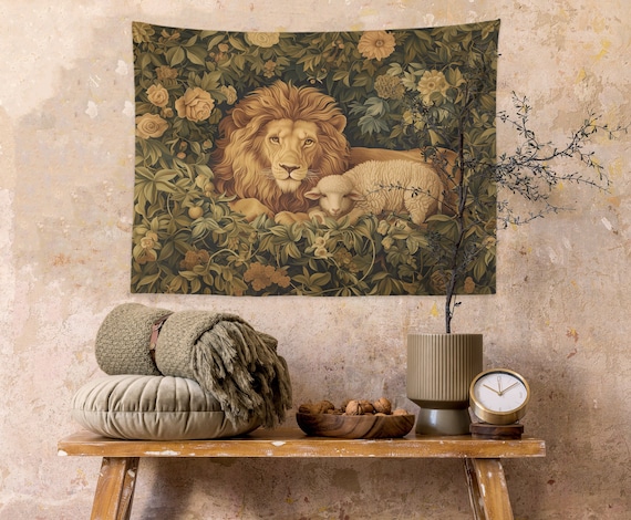 Tapestry of Lion and Lamb William Morris Inspired Wall Art Wall Hanging and Home Decor Lush Green Forest Floral Elements Ornate Art Deco Etsy