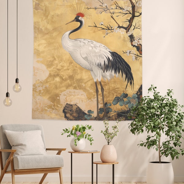 Tapestry of Red Crowned Crane, Chinese Wall Art and Home Decor, East Asian Painting, White Plum Blossom Tree, Golden Backdrop