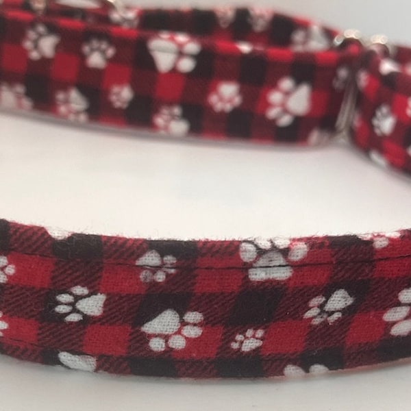 Red Plaid With Dog Paws Adjustable Dog Collar or Martingale