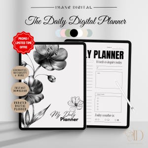 以下が含まれることがあります： タブレットの画面に、花柄のデザインと「My Daily Planner」というテキストが書かれたデジタルプランナーのテンプレートが表示されています。プランナーには、今日のインスピレーションとなる言葉、今日の目標、今日の天気のセクションがあります。