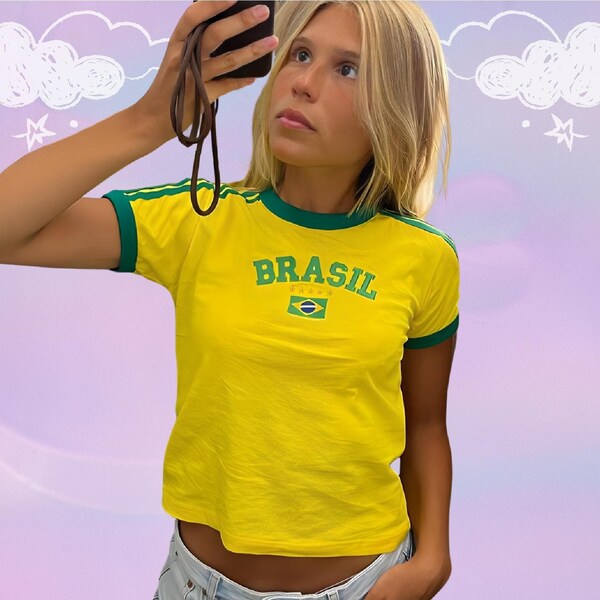 Angel Baby Y2K Brasil Crop Top Baby T-Shirt - Fußball Baby T-Shirt, 90er 2000er Jahre Ästhetik, Brasilien Shirt, Brasilien Top, Brasilien Baby T-Shirt, Brasilien Crop Top