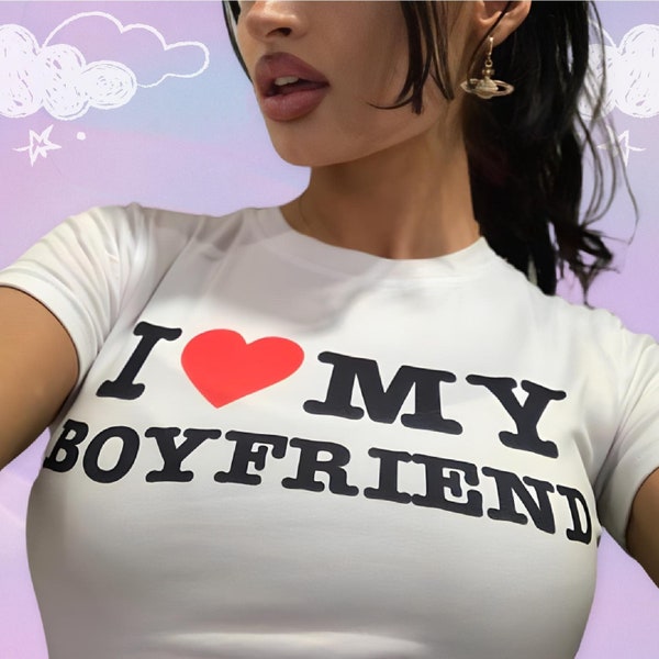 Angel Baby Y2K I Love My Boyfriend Crop Top Baby Tee -  Y2K Funny Baby Tee, I Heart My Boyfriend, Custom I Heart Shirt, Gift for Girlfriend