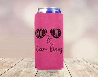 Personalize Good Times and Tan Lines 12 oz Skinny Can Cooler, Custom Slim Can Cooler, Family Vacation Gift, Girl's Trip Beach Bachelorette