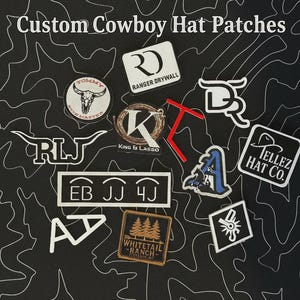 May include: A collection of custom cowboy hat patches in various shapes and designs. The patches feature text and graphics, including the words "Custom Cowboy Hat Patches", "Ranger Drywall", "King & Lasso", and "Whitetaill Ranch". The background is black with a white topographic pattern.