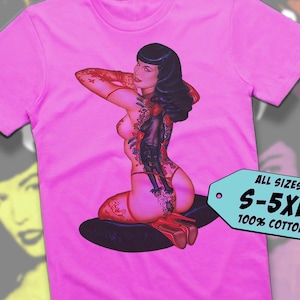 Bettie Page V4 TShirt Vintage FUCHSIA PINK Unisex TShirt DTG Print All Sizes S-5XL