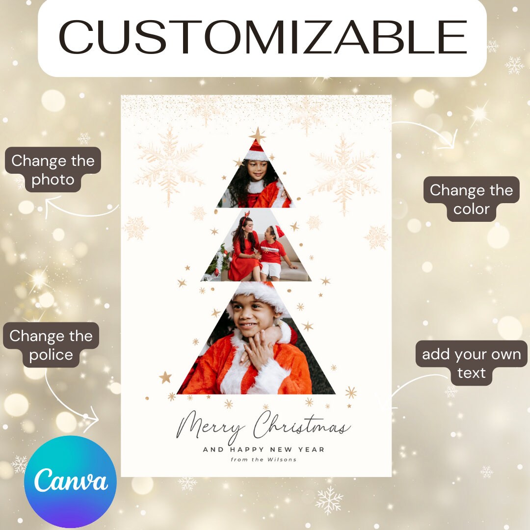 Christmastree Photo Card Canva Template, Merry Christmas Cards Template ...