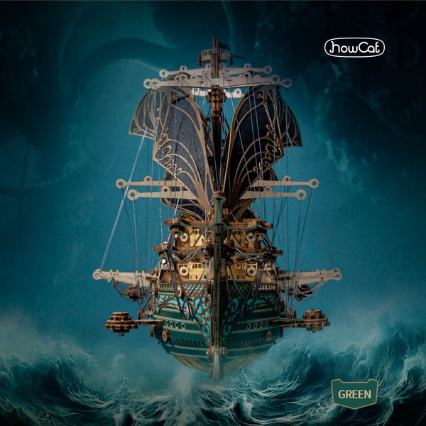 Puzzle 3D en bois du futur bateau de pirate CORSAIR -- Les aventures maritimes de Gehrman Sparrow."