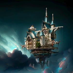 May include: A detailed model of a fantastical floating city with white, blue, and brown architectural elements. The city features multiple towers, clock faces, and decorative accents, suspended above a cloudy, teal-coloured sky. The model includes propellers and hanging elements.