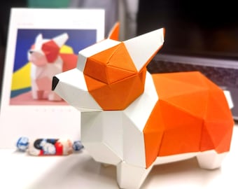 3Dコーギーペーパークラフトキット – カット済みの折り紙ペット彫刻、デスクデコレーション