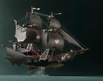 Kit in legno 3D per costruire una nave elfica fantasy nera, modello steampunk per adulti, decorazione fai-da-te.