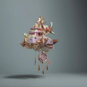 Steampunk Dreamcatcher Airship Model Kit - DIY Fantasy Craft for Collectors, 3D Wooden Assembly Toy in Blue, Pink, or Purple