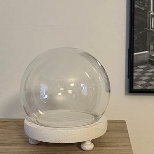 Circular glass dome with white wood base | 12 cm round | small and round bell jar | glass cloche | white display dome | mini candle cloche