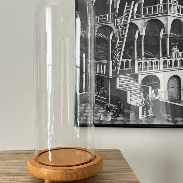 Long bell jar with wooden base | 29 v 11cm (h, w) | long | tall glass dome | large glass cloche | display dome | varnished wood base on legs