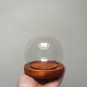 Small round bell jar with tan wood base | 11 v 10 cm (h, w) | circular glass dome | mini bell jar | glass cloche | round glass display dome
