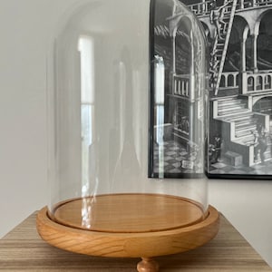 Big bell jar with solid wooden base | 25 v 17 cm (h, w) | large | tan bell jar | large glass cloche | display dome | wide glass dome