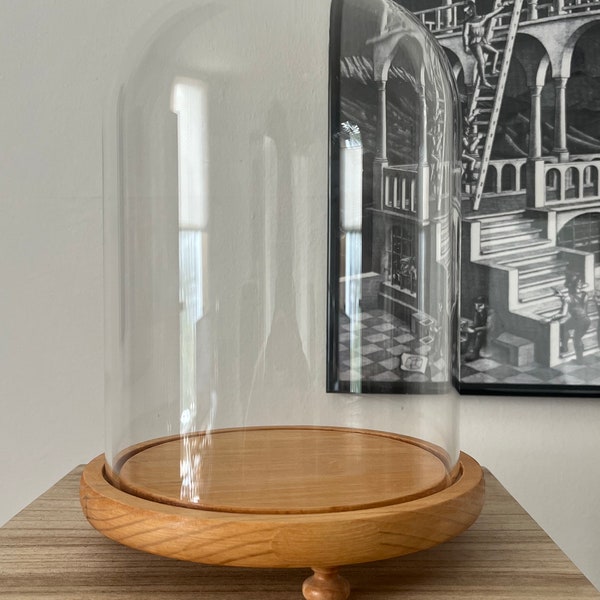 Cloche géante avec base en bois massif | 25 cm contre 17 cm (h, l) | très grande | cloche bronzée | grande cloche en verre | dôme de présentation | large dôme en verre