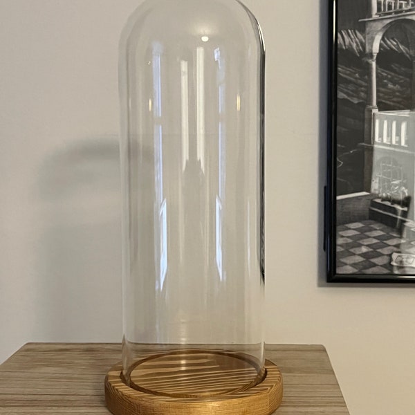 Tall glass dome with light wooden base | 25 v 9 cm (h, w) | long | long bell jar | glass cloche | display dome | medium taxidermy dome