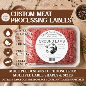 May include: A white circular sticker label for ground lamb meat packaging, featuring a black and white illustration of a sheep head, the text Casper Creek Farms, and fields for processed on, price per lb, net wt, total price, ingredients, license, and lot.
