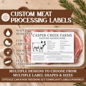 May include: A rectangular white meat processing label for Casper Creek Farms Pasture-Raised Pork, featuring a black and white pig illustration, a checklist for meat cuts, and safe handling instructions, displayed on a plastic-wrapped tray of pork.