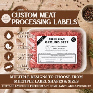 May include: A rectangular white plastic tray containing raw ground beef wrapped in clear plastic film. A white label on the meat reads Fresh Lean Ground Beef, Casper Creek Farms, and Net Wt: 32 oz (2 lbs). The image includes text about custom meat processing labels.