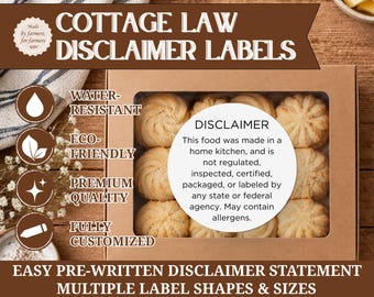 May include: A brown rectangular box with a clear window containing round cookies. A white circular label on the window reads: DISCLAIMER This food was made in a home kitchen, and is not regulated, inspected, certified, packaged, or labeled by any state or federal agency. May contain allergens.