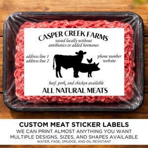 May include: A package of raw ground meat in a black tray, wrapped in clear plastic. The label reads "CASPER CREEK FARMS" and includes illustrations of a cow, pig, and chicken. Text on the label states "ALL NATURAL MEATS".