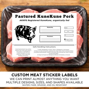 May include: A package of raw pork chops, labeled "Pastured KuneKune Pork." The label includes a black illustration of a pig and safe handling instructions. The packaging is clear plastic, and the product is displayed on a black tray.