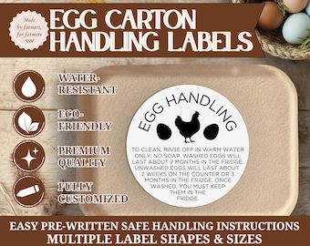 Egg Handling Instructions Printed Egg Carton Sticker Labels - Water-Resistant, Eco-Friendly, Black/White Labels for Chickens, Ducks, & Quail