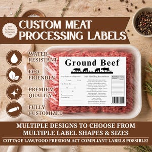 May include: A rectangular white plastic tray containing ground beef wrapped in clear plastic film, featuring a white label with the text Ground Beef, a cow silhouette graphic, safe handling instructions, and a nutrition facts table with a barcode.