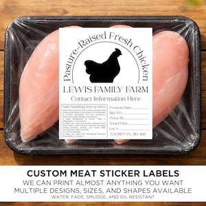 May include: A package of fresh chicken breasts in a black tray, wrapped in clear plastic. The label reads "Pasture-Raised Fresh Chicken" with a chicken silhouette. Text at the bottom says "Custom Meat Sticker Labels" with details about printing options.