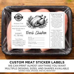 May include: A package of fresh chicken breasts, wrapped in clear plastic, with a label featuring a detailed illustration of a chicken and text that reads "Fresh Chicken." The label also includes safe handling instructions and states the product is antibiotic-free.