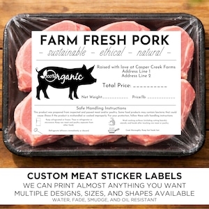 May include: Farm fresh pork in a black tray, wrapped in clear plastic. The label reads "Farm Fresh Pork" with "sustainable, ethical, natural" below. A black pig graphic with "100% organic" is also on the label.