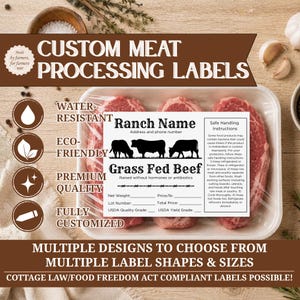 May include: A rectangular white meat processing label featuring three black cow silhouettes, the text Ranch Name, Grass Fed Beef, and safe handling instructions. The label includes blank lines for net weight, price, lot number, and total price.